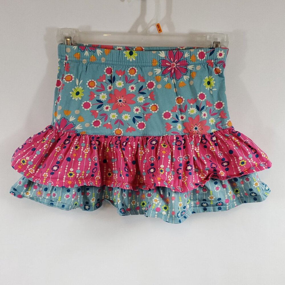 Hanna Andersson Floral Print Ruffle Tiered Pink Blue Girls Skirt Sz 110 or 4-5yr